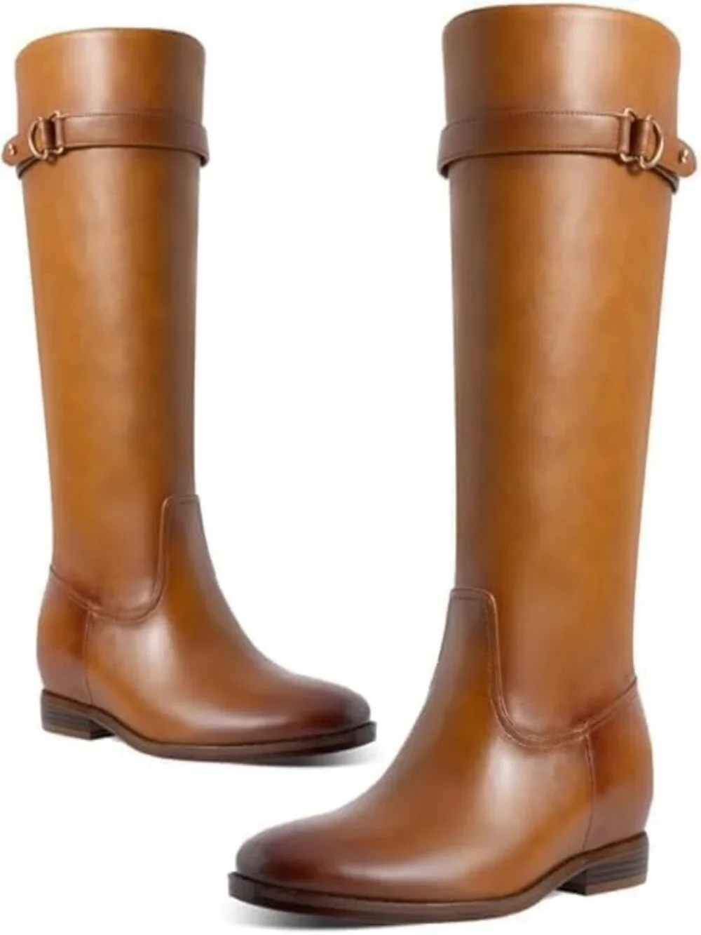 Women's Brown Round Toe Low Heel Comfortable Side Zipper Flat Knee High Boots